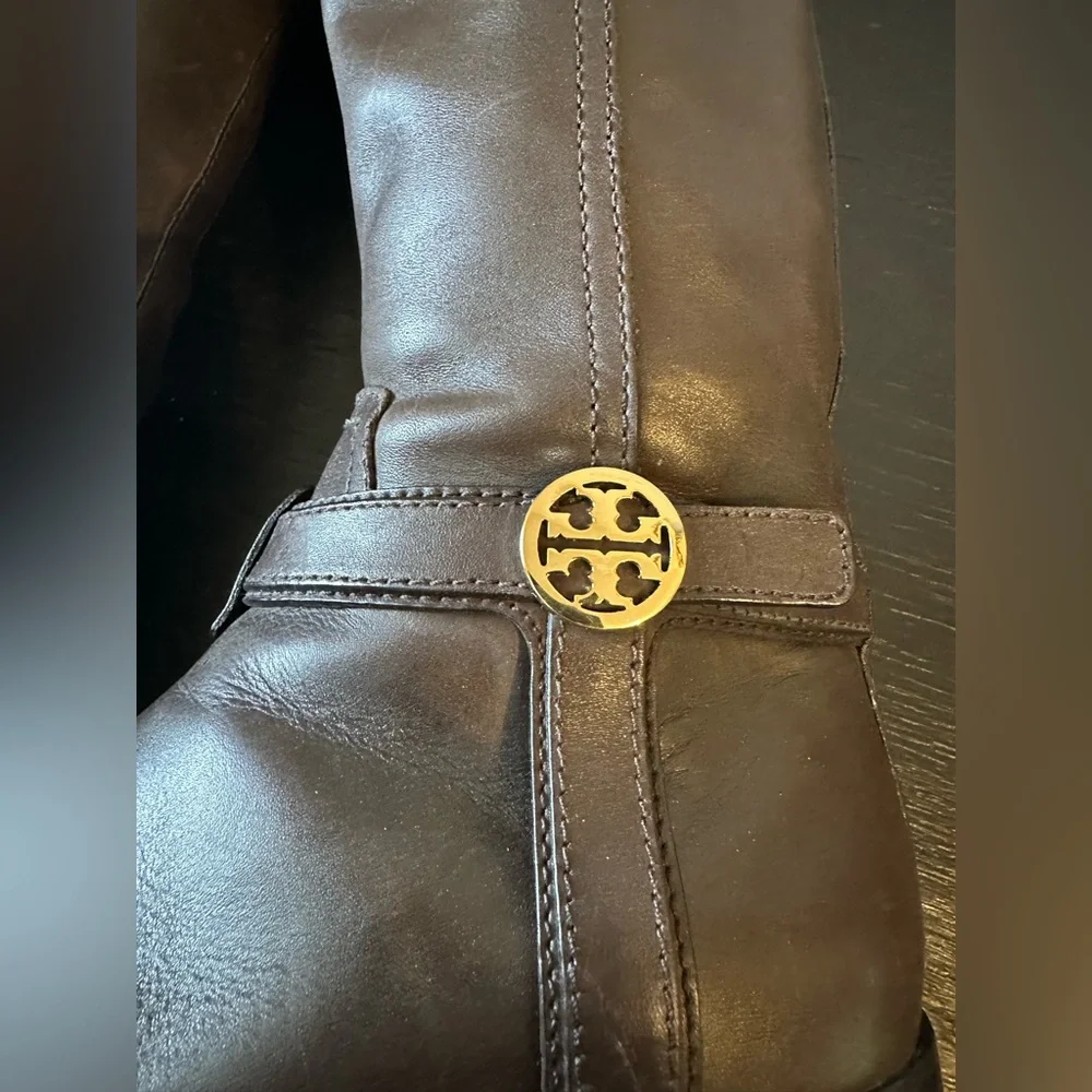 Tory Burch Bristol Brown Coconut Gold Leather Riding Boots Knee Both Size 8.5
